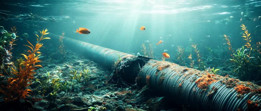 Internet cable on bottom of sea, view of damaged communication line underwater, fish and seaweed. Concept of submarine, undersea, power, accident. 
