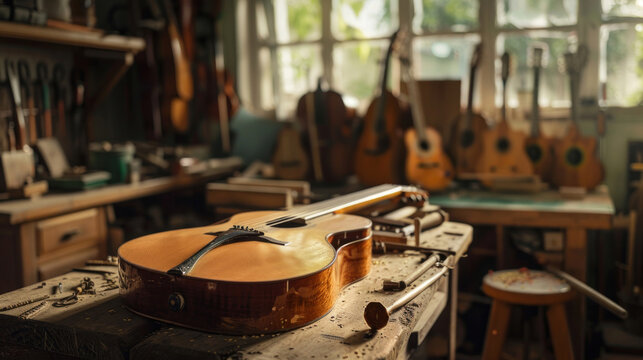 A traditional luthier's toolset including chisels and clamps, showcased in a rustic workshop environment