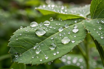 macro shot of a fresh green leaf with crystal-clear water droplets