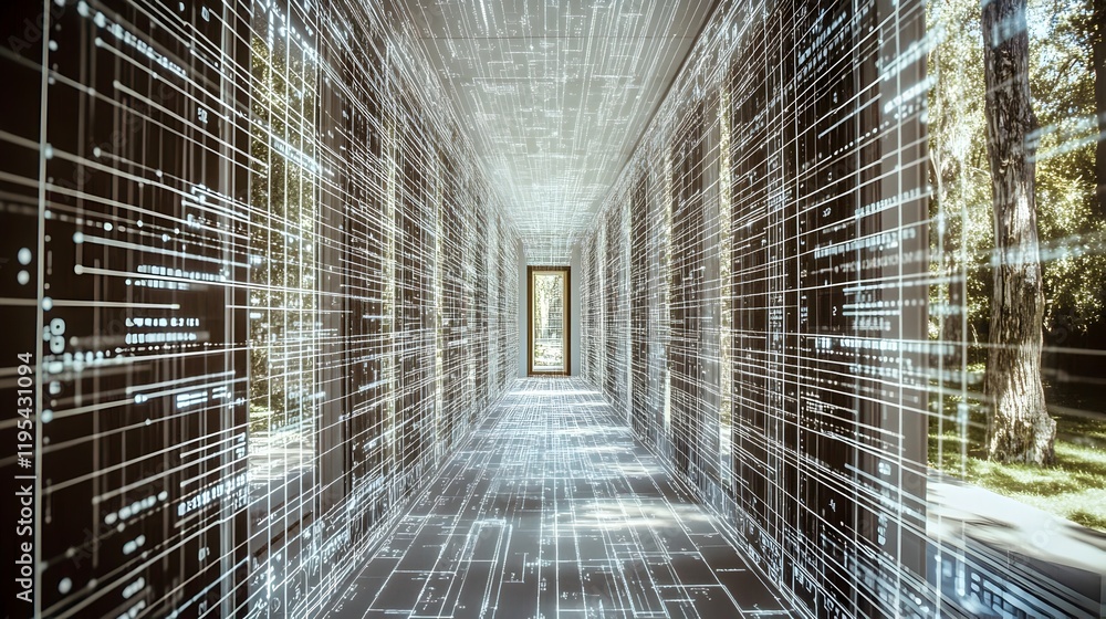 Poster a person is walking down a hallway with a computer screen in the background