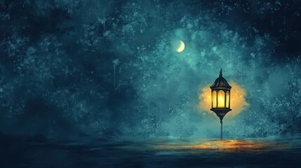 A solitary lantern glows under a crescent moon in a textured dark blue setting