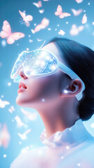 Futuristic woman wearing glowing VR glasses with butterflies