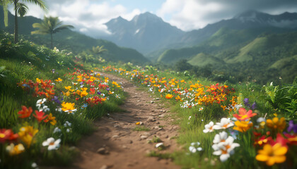 Fototapeta premium Serene mountain path lined with vibrant wildflowers, leading to majestic peaks. Perfect for travel, nature, and peaceful scenery.