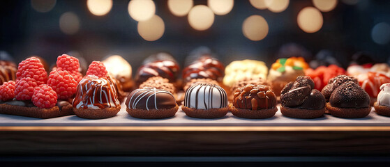 Assorted chocolate pastries with vibrant toppings on display