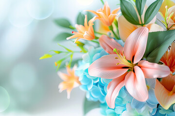 Naklejka premium Elegant bouquet of lilies and hydrangeas with soft bokeh