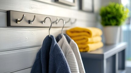 Organized Bathroom Dressing Area with Hanging Hooks and Custom Storage Solutions for Towels Hygiene Products and Other Household Items