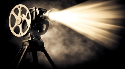 Obraz premium Vintage movie projector casting a bright beam of light on a dark background.