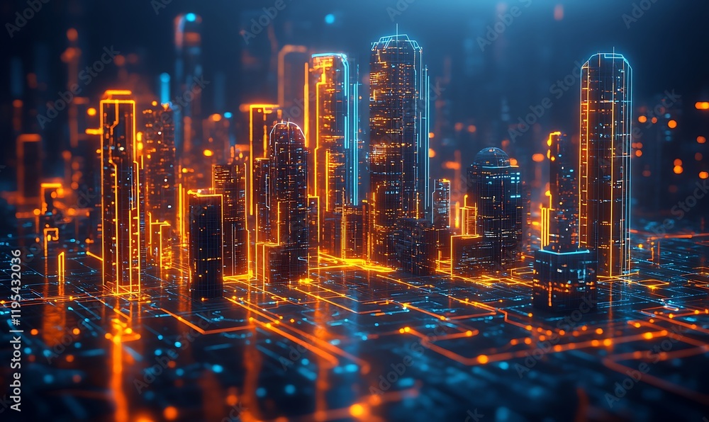 Poster skyscrapers with neon blueprints showing smart technologies, data flow, and digital network