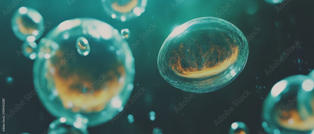 Poster Bubbles floating in water with a glowing backdrop creating an ethereal atmosphere during daytime