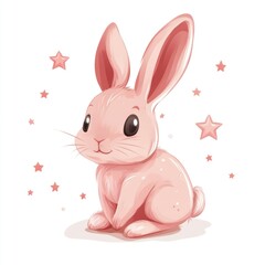 Obraz premium Pink bunny sitting, stars background, cute illustration, children's design
