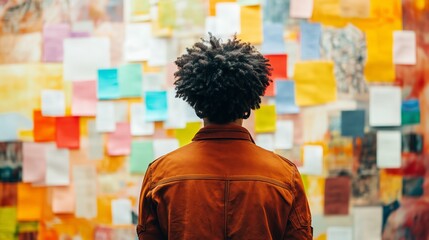 A brand strategist thoughtfully mapping out customer personas on a vibrant wall, their casual attire blending with the lively and colorful surroundings.