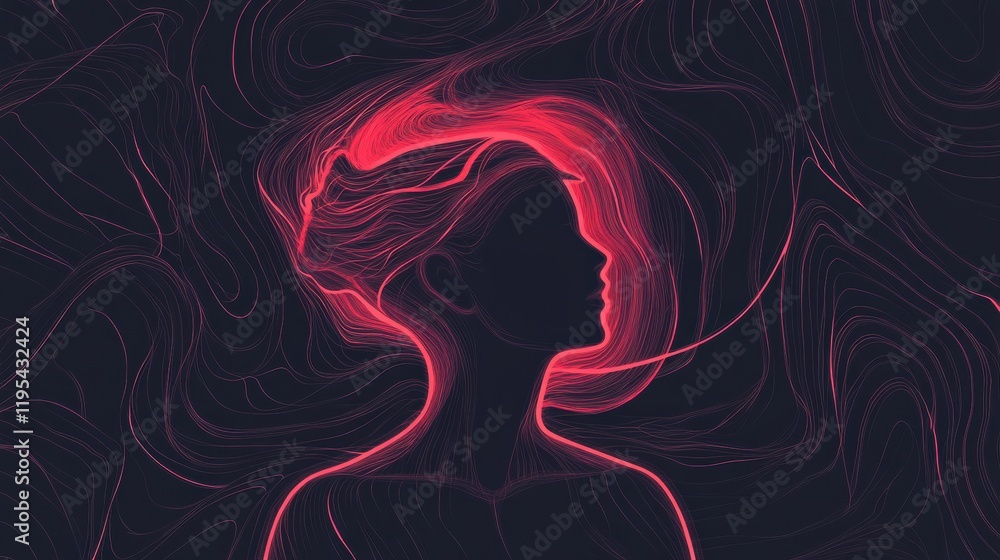Poster Person illuminated by vibrant swirling lines and abstract shapes in a dark space creating a captivating visual experience. Generative AI