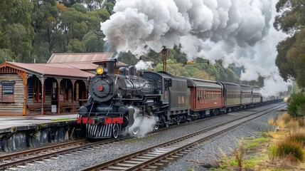 A vintage steam train chugs along the tracks, releasing clouds of steam near a rustic station.