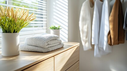 Scandinavian inspired dressing room featuring simple natural wooden furniture and decor elements  The space exudes a calm