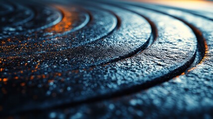 Abstract concentric circles of dark, metallic, textured surface with highlights.