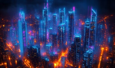 Fototapeta premium skyscrapers with neon blueprints showing smart technologies, data flow, and digital network