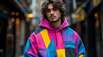 Naklejka premium Handsome young man in colorful geometric hoodie.