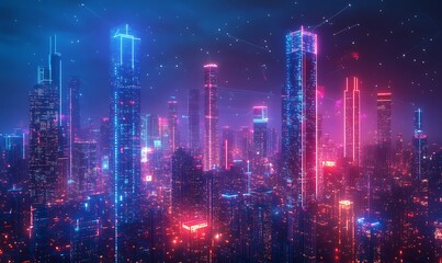 Obraz premium skyscrapers with neon blueprints showing smart technologies, data flow, and digital network