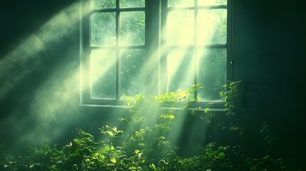Sunlit Overgrown Room: Rays Illuminating Lush Greenery in Abandoned Building
