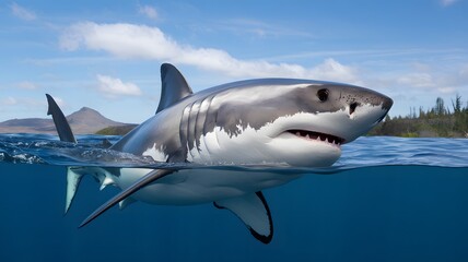 Naklejka premium A magnificent great white shark is currently swimming in the ocean