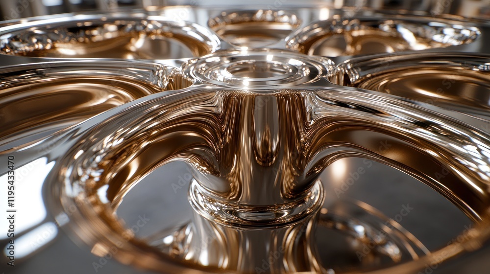 Poster abstract metallic sculpture with reflective surface and swirling patterns.