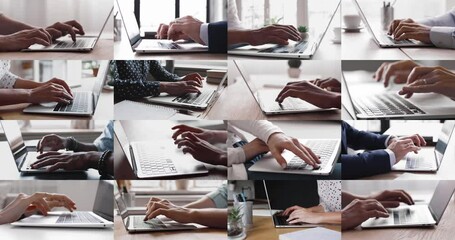 Collage cropped view diverse hands working on keyboards, typing on laptops, solve business, e-mailing, do freelance job. Digital connectivity, integration of tech in daily life, professional activity - Powered by Adobe