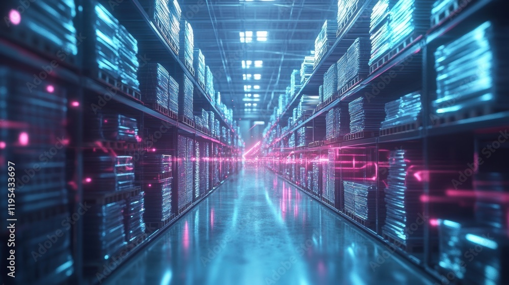 Poster a detailed rendering of a virtual materials warehouse with an accurate representation of stacked mat