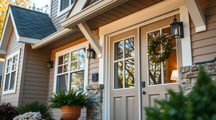Fototapeta premium Charming Home Exterior: Fall House Entrance with Wreath and Landscaping