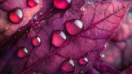 Fototapeta premium Close-up of water droplets on a deep purple leaf with intricate textures and veins