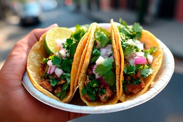 Delicious street tacos in a vibrant urban setting with fresh ingredients and zestful flavors