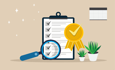  Checklist with magnifying glass, certification ribbon, and plants. Ideal for quality control or task management.