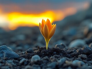 Single orange flower blooming at sunset.