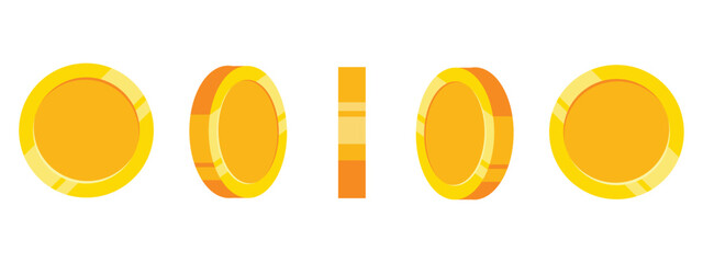 Spinning gold coins on a white background, set of rotation icons at different angles for animation. Flat vector illustration.