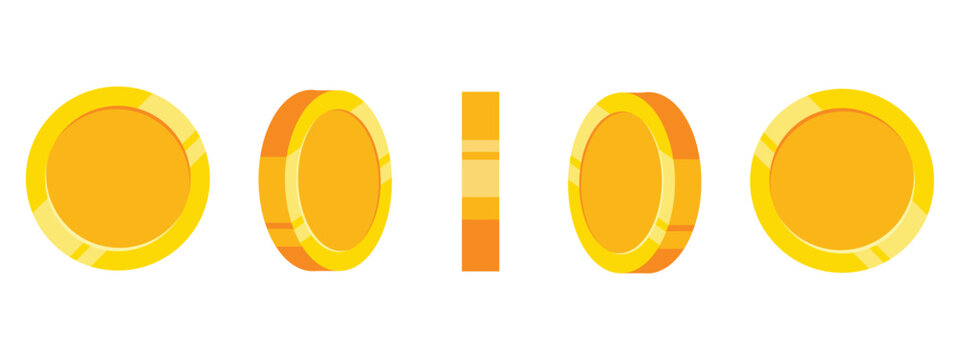 Spinning gold coins on a white background, set of rotation icons at different angles for animation. Flat vector illustration.
