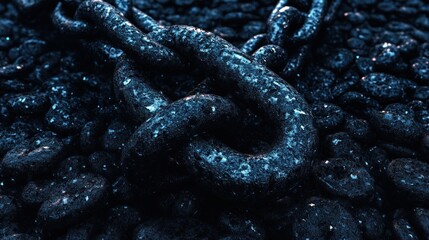 Close-up of a dark, textured chain resting on a bed of pebbles.