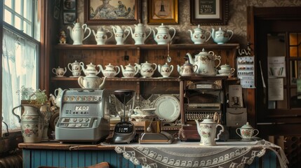 A vintage tea shop display featuring teapots, a cash register, and kitchen equipment.