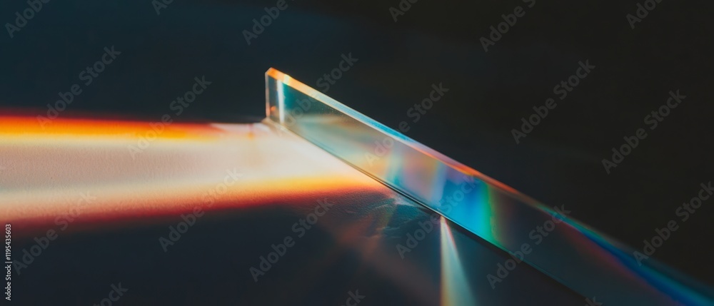 Poster light refracts through a prism creating a spectrum of colors on a dark surface