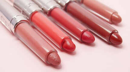 Top view of several red lipsticks with different shades and textures neatly arranged on a clean white surface.