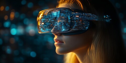 Woman wearing VR headset, futuristic data streams.