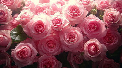 Obraz premium Many Pink Roses in a Vase with Cinematic Lighting Featuring Lush Fern Flowers and Stunning Rose Backgrounds for Floral Inspiration Generative AI