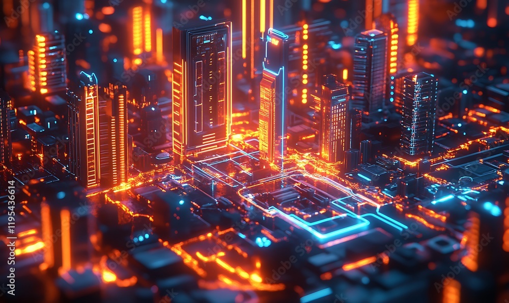 Poster a 3d view of an interactive cityscape with glowing neon elements representing real-time data