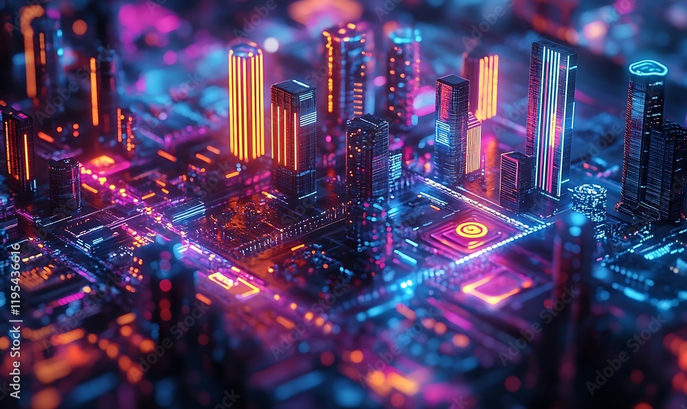 Poster a 3d view of an interactive cityscape with glowing neon elements representing real-time data