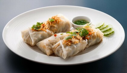 a minimalist shot of halal chicken banh cuon served on a simple white plate