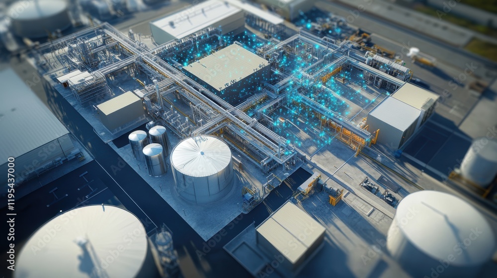 Aufkleber an overhead view of a digitally rendered layout of a factory with various operational stations contr