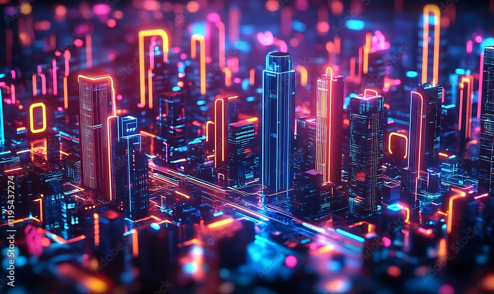 Poster a 3d view of an interactive cityscape with glowing neon elements representing real-time data