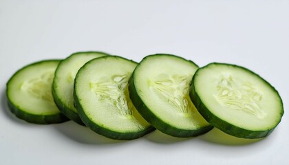 slices of fresh juicy ripe cucumber on a clean light white background minimalist concept copyspace the concept of healthy eating