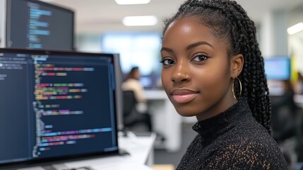 Female coder working on a laptop in a tech hub, code visible on the screen, professional workspace 