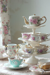 A vintage tea party with floral teacups, tiered cake stands, and soft pastel decor