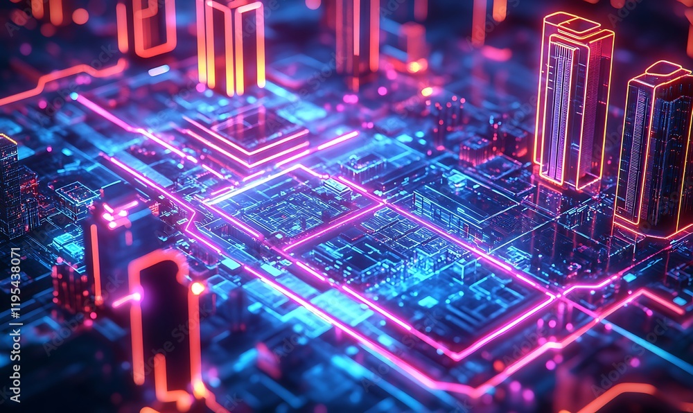 Poster a 3d blueprint of a city with vibrant neon outlines forming a grid-like pattern