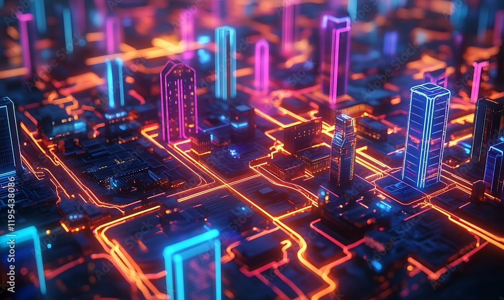 Poster a 3d blueprint of a city with vibrant neon outlines forming a grid-like pattern